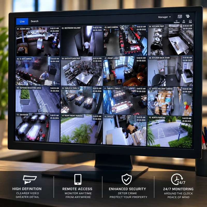 Security camera monitor displaying multiple business surveillance feeds